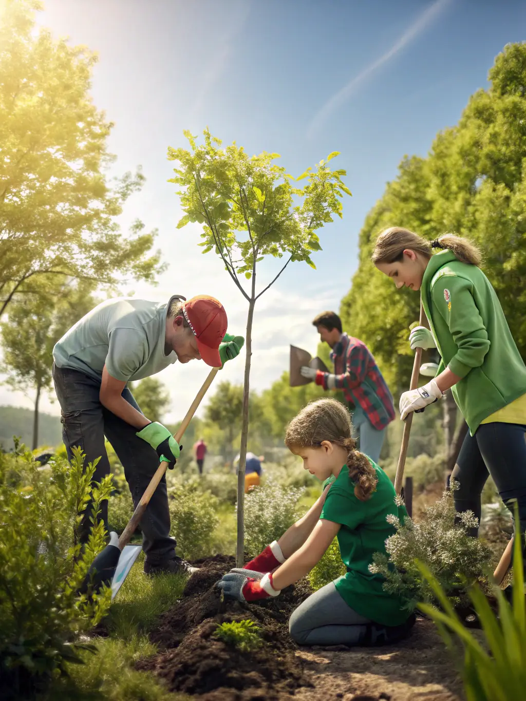 A high-quality photograph depicting a group of GCG members participating in a habitat restoration project, planting native trees and shrubs to improve wildlife habitat in the Grugies area.
