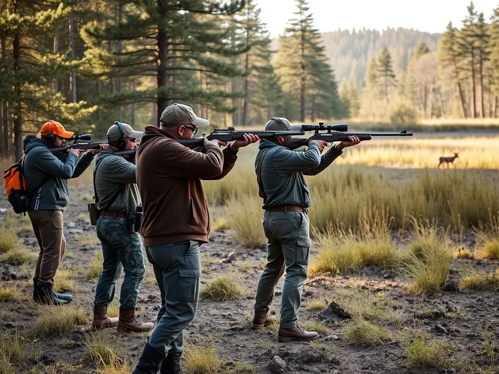A group of hunters in a forest, observing wildlife and discussing conservation efforts.