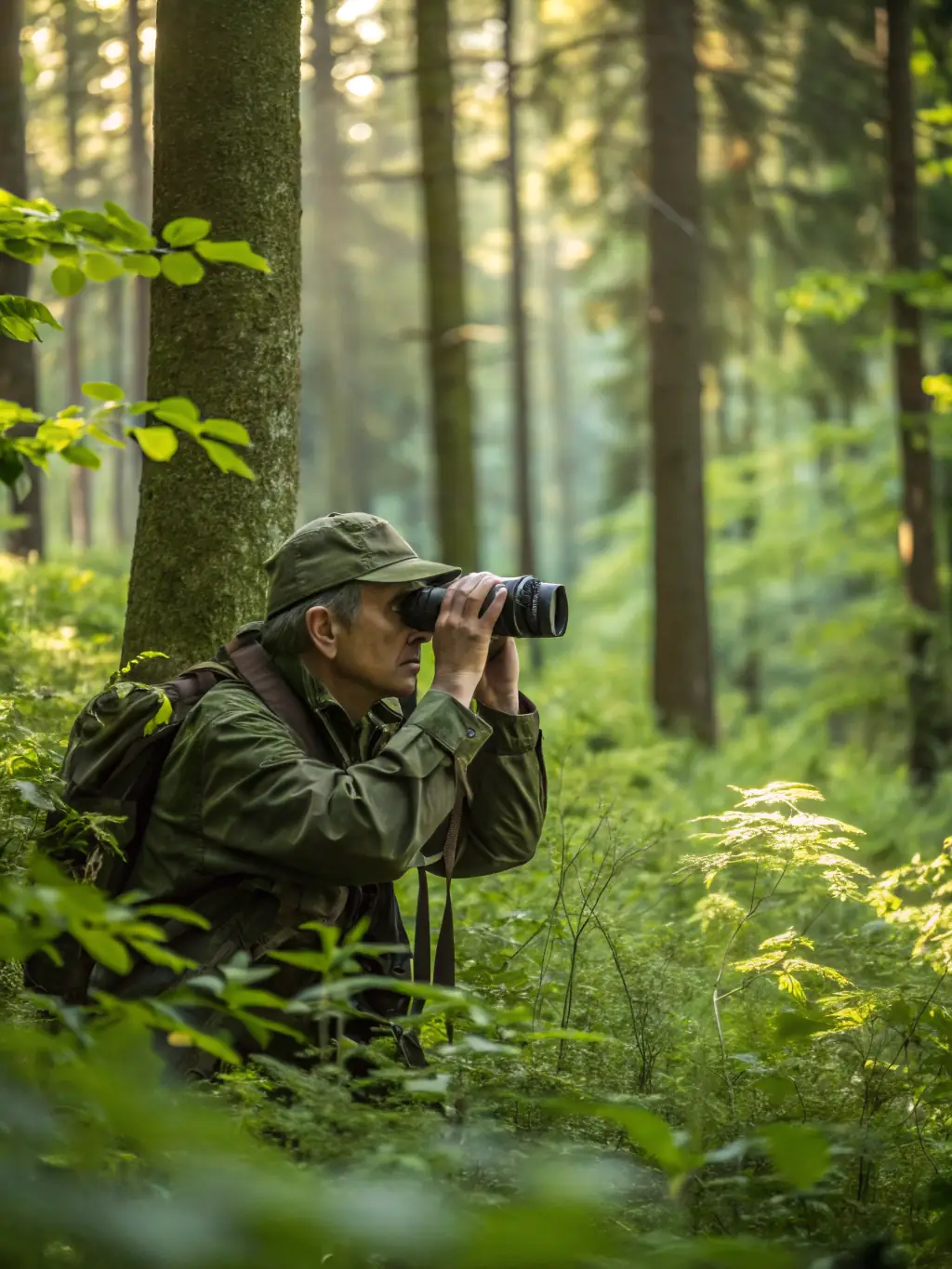 A photograph showcasing GCG members conducting a wildlife census, using binoculars and tracking equipment to monitor game populations in their hunting area.